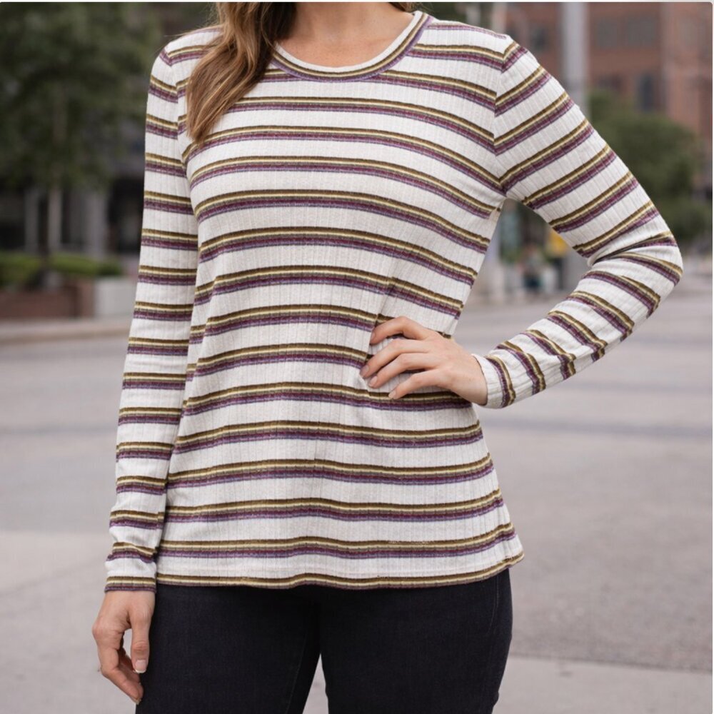 Veronica Beard Striped Ribbed Top Womens Size XL Long Sleeve